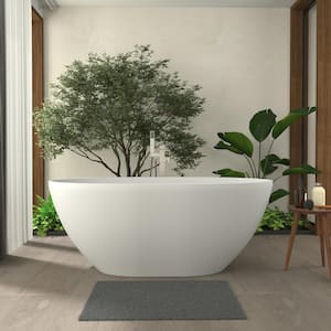55 in. x 30 in. Stone Resin Flatbottom Solid Surface Non-Slip Freestanding Soaking Bathtub in White with Drain and Hose