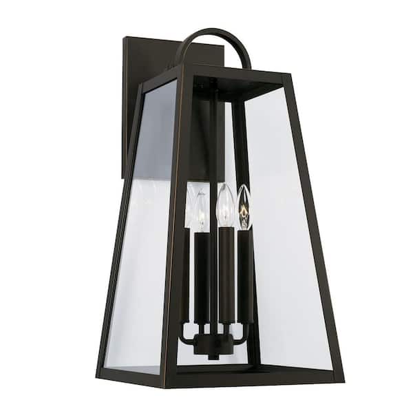 Leighton 23 in. 4-Light Oiled Bronze Outdoor Hardwired Wall Lantern Sconce with Clear Glass and No Bulbs Included