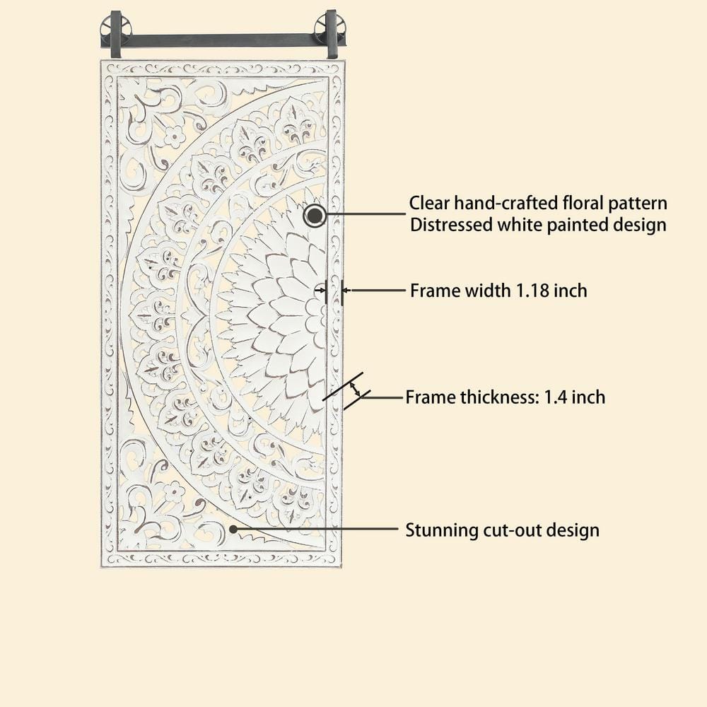 Distressed Ivory White Wood Floral Wall Art Set with Iron Bar