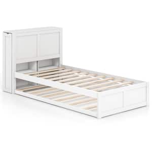 White Wood Frame Twin Wooden Platform Bed Trundle Storage Headboard Pull Out Shelves