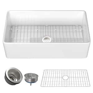 33 in. Farmhouse Apron Front Single Bowl Fireclay Kitchen Sink with Bottom Grid and Kitchen Sink Drain