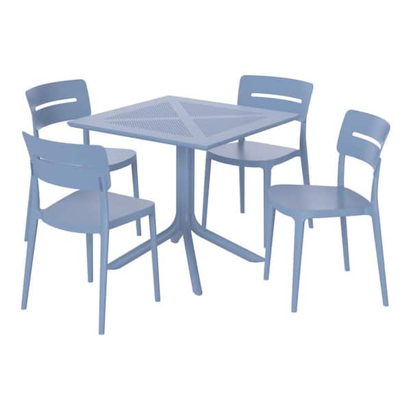 Frond and Form French Blue Plastic All Weather 5-Piece Square Table Modern Outdoor Patio Dining Set w/4 Stackable Chairs