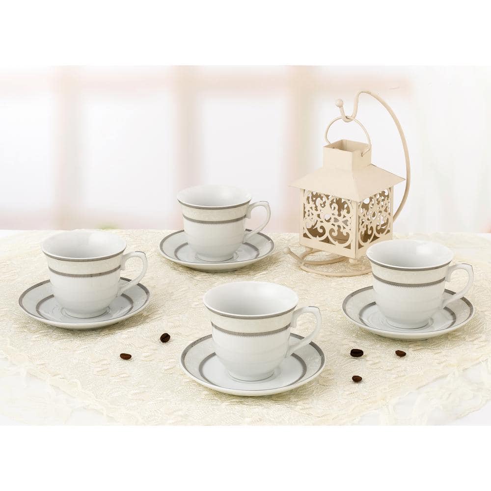 Elegant Silver Porcelain Tea-Coffee Cups and Saucers Set, 8 oz, Set of 4
