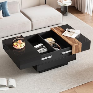 Walnut Grain Finish 31.4 in. Black Square Wood Coffee Table with Sliding Tabletop and Hidden Storage Compartment