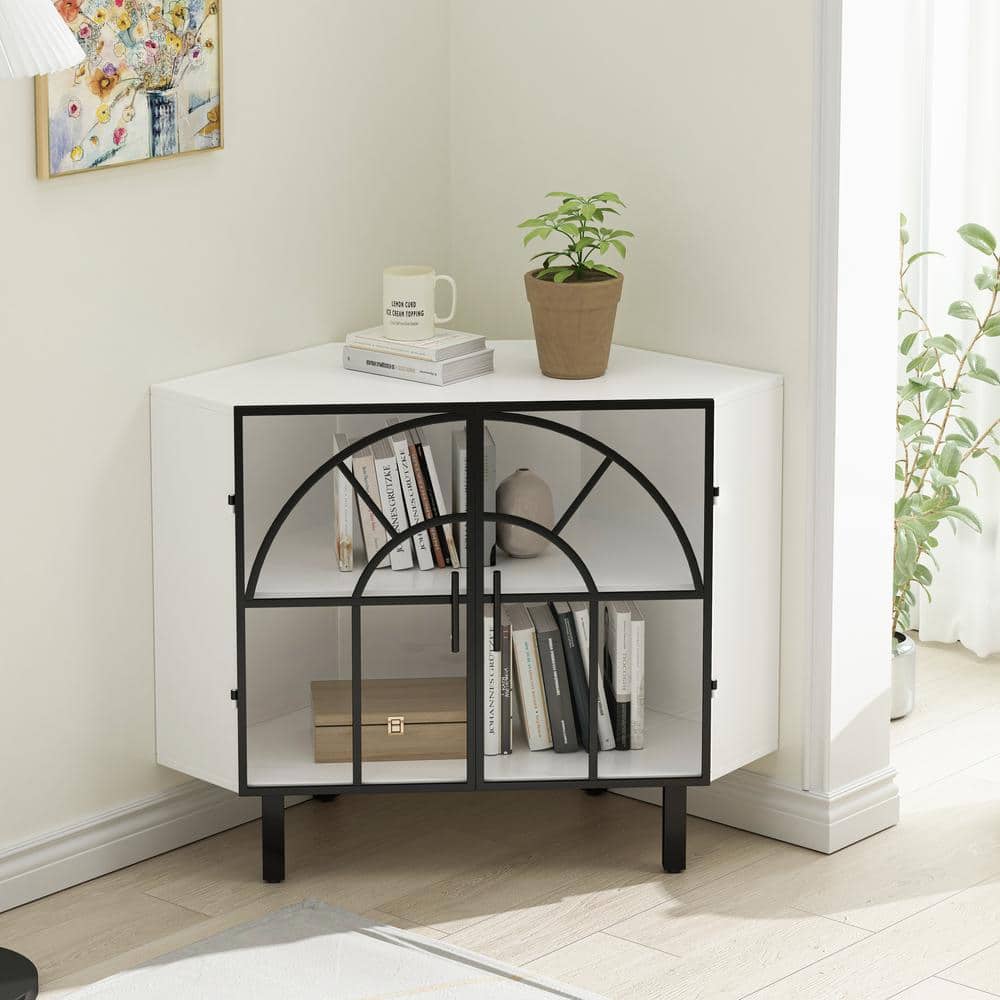White 28.74 in. H Hexagonal Storage Cabinet Glass 2-Door Corner Cabinet wit