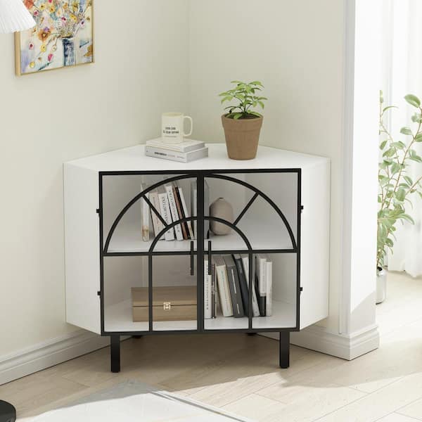 Unbranded White 28.74 in. H Hexagonal Storage Cabinet Glass 2-Door Corner Cabinet with Storage Shelf for Living Room, Hallway