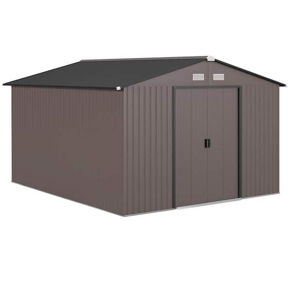 Outsunny 127.2 in. x 109.2 in. Metal Storage Shed Garden Tool House with Double Sliding Doors, 4 Air Vents, Brown (94.7 sq. ft.)