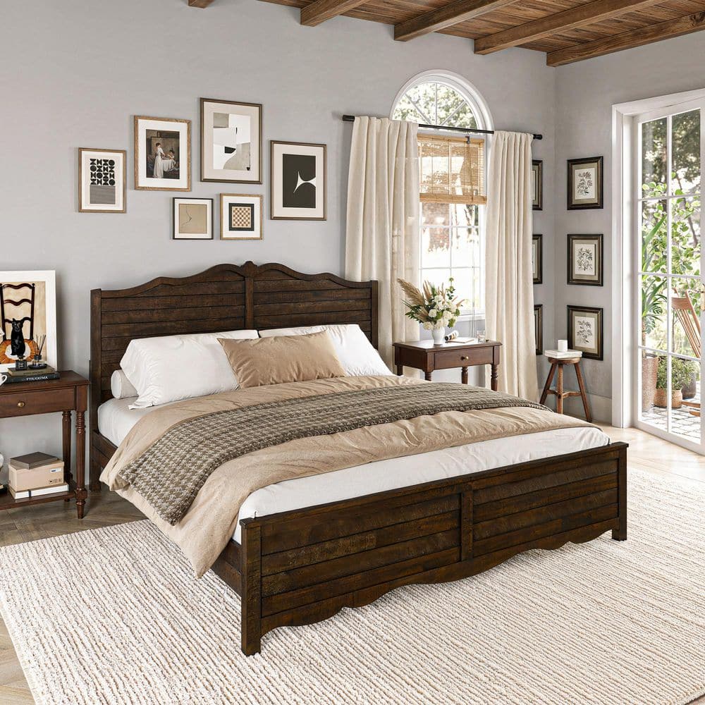 OrangeOne Dark Walnut Brown Farmhouse Style Solid Wood Frame King Size Platform Bed with Unique Curved Headboard and Footboard AED-CR-025-1-L