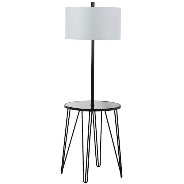 SAFAVIEH Ciro 58 in. Black Floor Lamp with Attached Side Table and White Shade