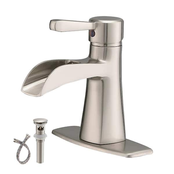 Unbranded Single Handle Single Hole Bathroom Faucet with Waterfall and Drain Assembly in Brushed Nickel