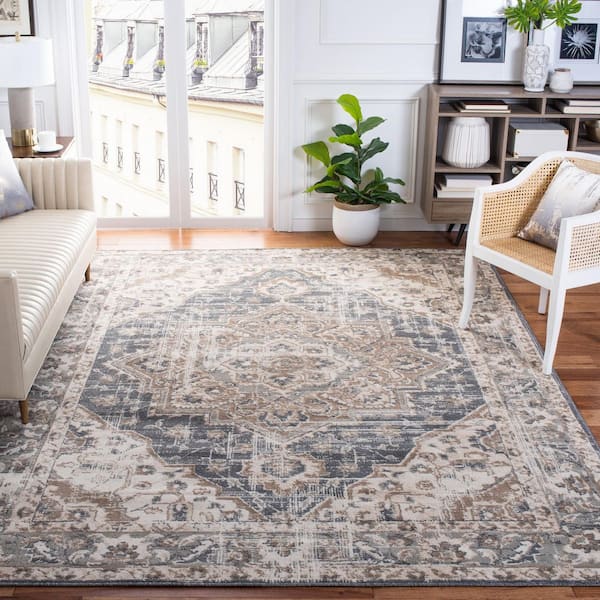 Pyramid 8 ft. x 8 ft. Ivory/Beige Ornate Border Square Area Rug