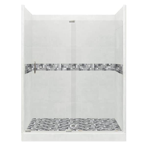 American Bath Factory Newport Grand Slider 30 in. x 60 in. x 80 in. Center Drain Alcove Shower Kit in Natural Buff and Satin Nickel Hardware