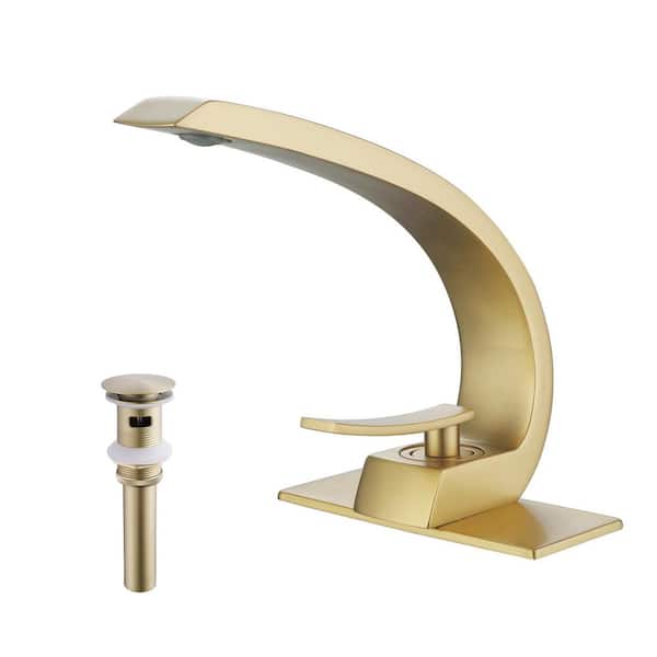 Single Handle Single Hole Bathroom Sink Faucet with Pop-up Drain Kit Deckplate Modern Brass Basin Taps in Brushed Gold