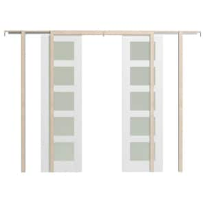 48 in. x 80 in. 5 Panel Frosted Glass, Can Be Painted, White MDF Wood Pocket Door Frame with All Hardware