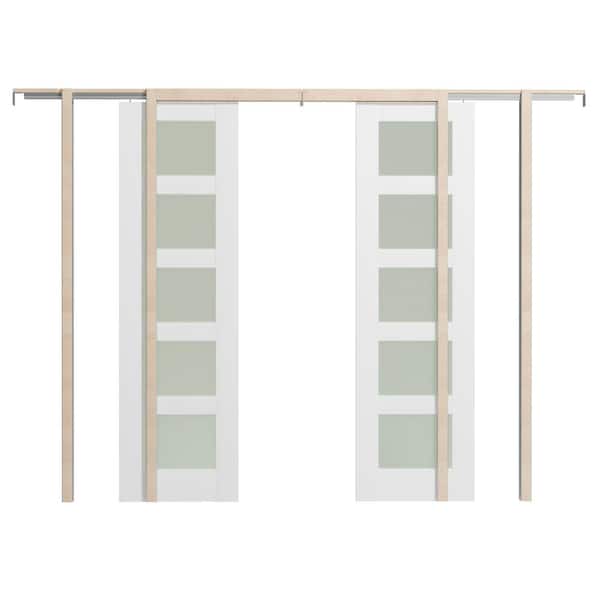 48 in. x 80 in. 5 Panel Frosted Glass, Can Be Painted, White MDF Wood Pocket Door Frame with All Hardware