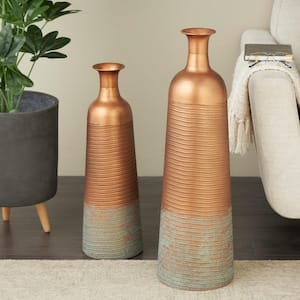 Copper Ribbed Textured Metal Decorative Vase with Distressed Teal Accents (Set of 2)