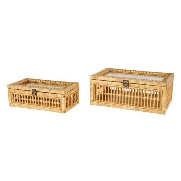 Litton Lane Rectangle Rattan Handmade Woven Storage Box with Glass Top and Bronze Latches (Set of 2)