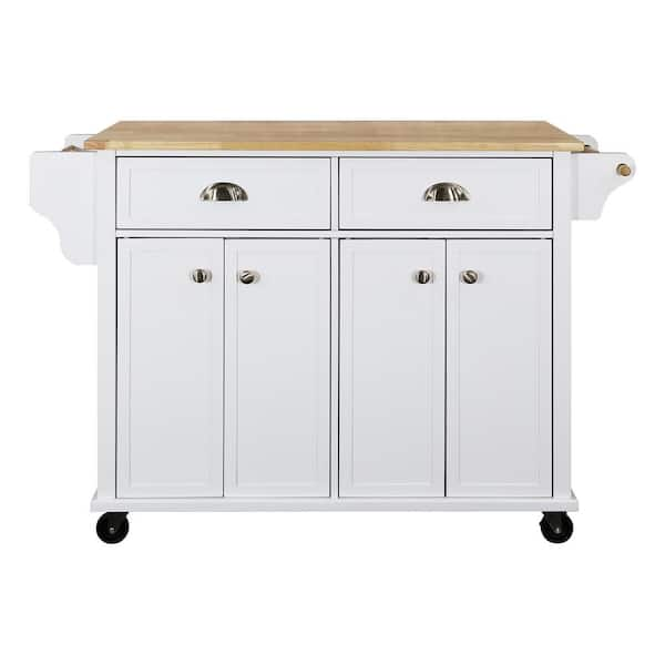 White Rubber Wood Kitchen Cart with Drop Leaf, 4-Door Cabinet, 2 ...