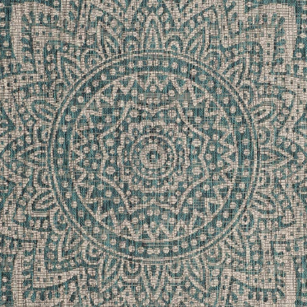 Light Grey/Teal Easy-Care Rectangular Synthetic Area Rug 5' x 7'