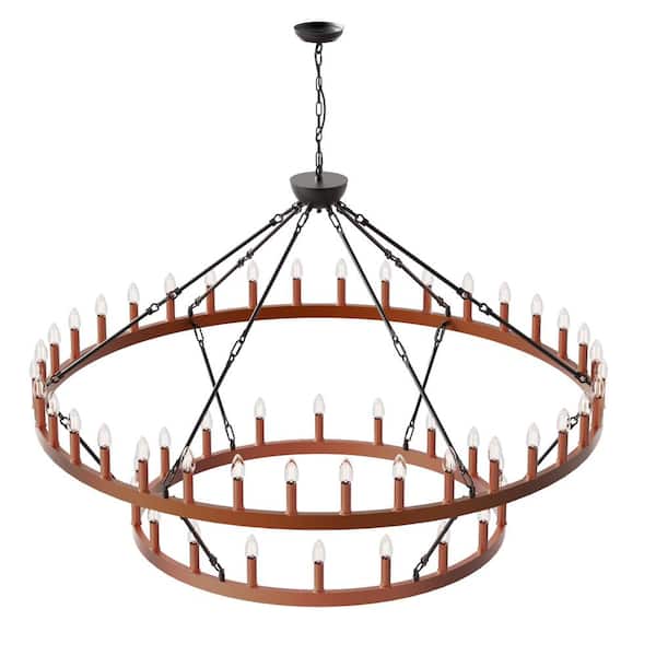 YANSUN 60 in. 54-Light Extra Large Brown Wagon Wheel Chandeliers, 2 Tier Farmhouse Pendant Light for Dining Room Living Room