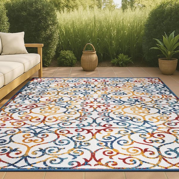 JONATHAN Y Atrani Scroll Cream/Blue/Red 4 ft. x 6 ft. Trellis Indoor/Outdoor Area Rug