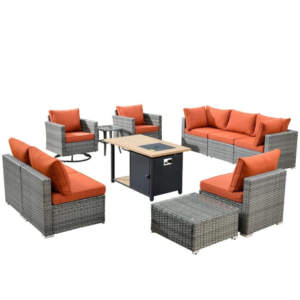 Hippish Gray 11-Piece Wicker Patio Fire Pit Table Conversation Set with Orange Red Cushions and Swivel Rocking Chairs