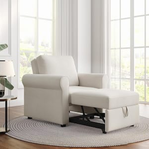 3-in-1 White Linen Arm Chair, Convertible Sleeper Chair with Adjustable Backrest