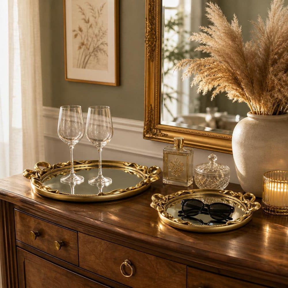 12 in. and 16 in. Gold Round Polyresin Coquette Bow Trays (Set of 2)