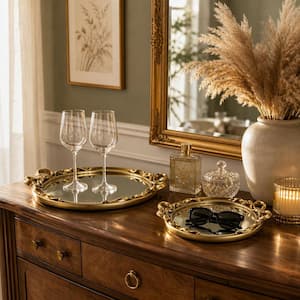 Litton Lane Gold Plastic Mirrored Geometric Decorative Tray (Set