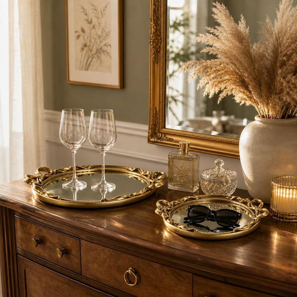 12 in. and 16 in. Gold Round Polyresin Coquette Bow Trays (Set of 2)