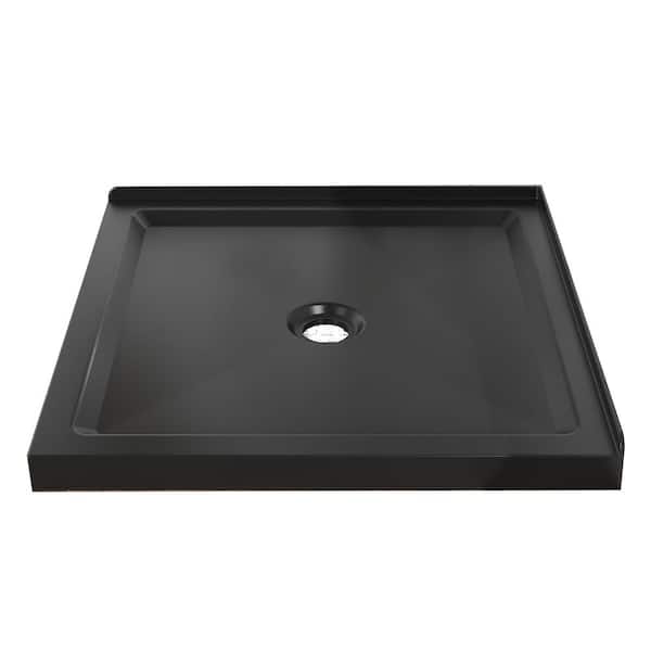 36 in. L x 36 in. W Alcove Double Threshold Shower Pan Base with Center Drain in Black, Anti-Slip Acrylic Surface