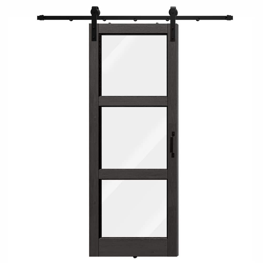 30 in. x 80 in. 3-Lite Clear Glass Panel Black PVC Covering MDF, Wood Barn Door Slab with Full Barn Door Kit Set price history on PriceWatchPro