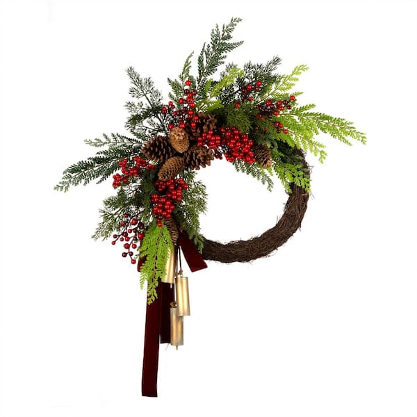 24 in, Unlit Christmas Joy Chimes Artificial Christmas Wreath