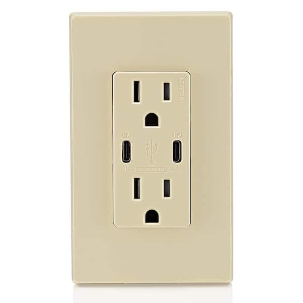 30-Watt 6 Amp Ivory USB Type-C/C 15 Amp Tamper-Resistant Outlet USB Charger for Smartphones and Tablets, Not for Laptops