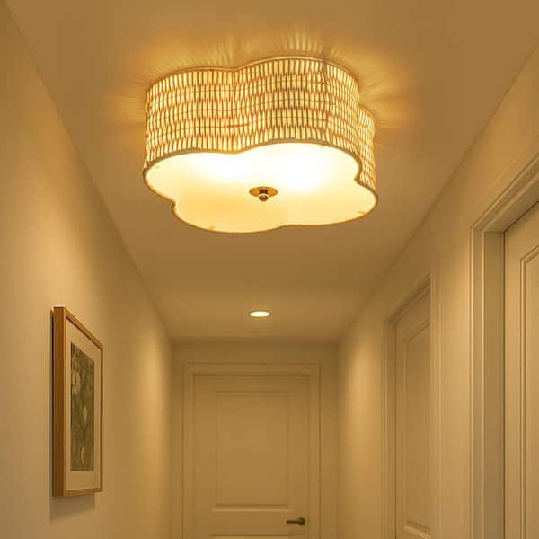 16.75 in. 2-Light Rattan Ceiling Flush Mount with Glass Bottom