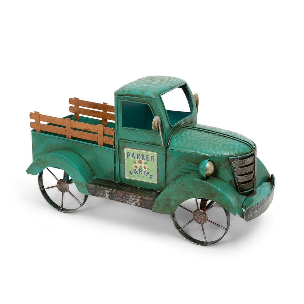 Antique Green Metal Garden Truck with Wood Panels