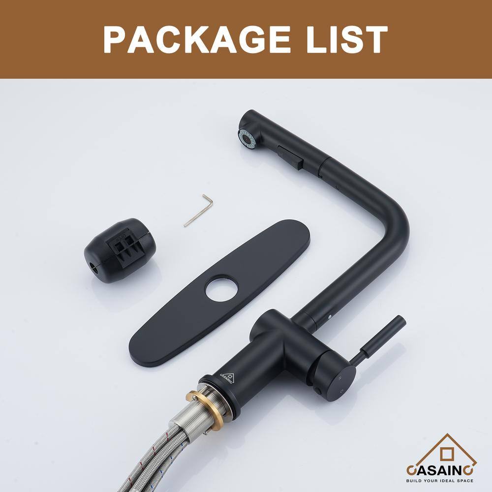 Matte Black Single-Handle Pull-Out Kitchen Faucet with Deck Plate