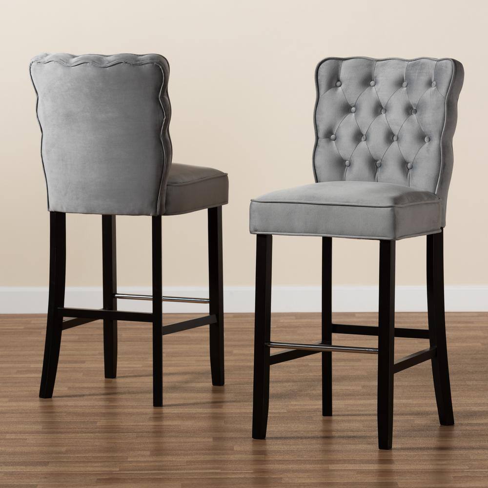 Adjustable Gray Velvet and Wood Bar Stool Set