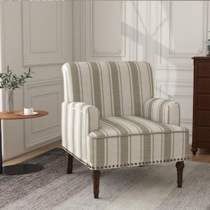 Modern Brown Striped Linen Fabric Upholstered Accent Armchair With Wooden Legs(Set of 1)