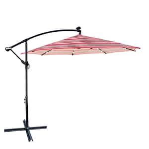 10 ft. Steel Cantilever Patio Umbrella in Red Striped with Solar Powered LED, Crank and Cross Base for Garden Deck Pool