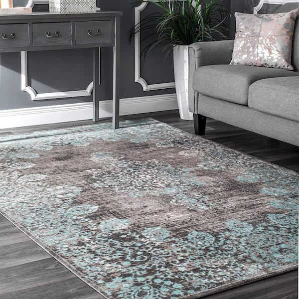 Lacy Vintage Floral Teal 8 ft. Square Rug