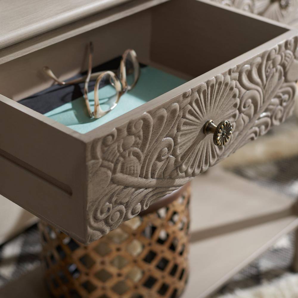 Josie Elegantly Carved Greige Wood & Metal 40'' Console Table with Storage