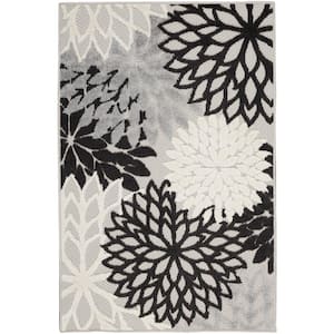 Aloha Black White 3 ft. x 5 ft. Floral Contemporary Indoor Outdoor Kitchen Area Rug