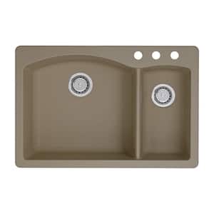 Diamond Dual-Mount Granite 33 in. 3-Hole 70/30 Double Bowl Kitchen Sink in Truffle