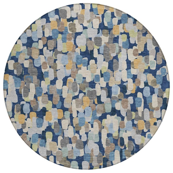 Chantille Machine Washable Indoor/Outdoor Abstract ACN2451 Navy 8 ft. x 8 ft. Round Rug