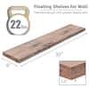 Mahogany wood floating shelf with dimensions 35 inches long, 9 inches deep, and 1.5 inches thick.