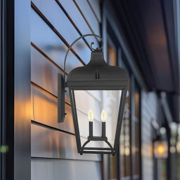 Marquee 29 in. Sand Black Outdoor Hardwired Lantern Wall Sconce with Clear Glass Shades and No Bulb Included