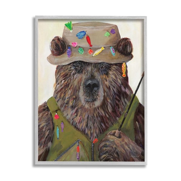 Stupell Industries Fisherman Outfit Grizzly Bear Fishing by Kamdon Kreations 1-Piece Gray Framed Animal Giclee Art Print 14 in. x 11 in.