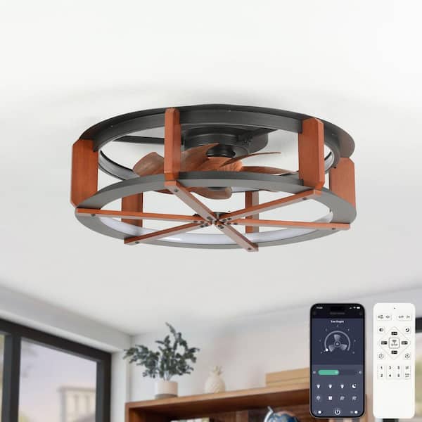 18.9 in. Modern Indoor Black Low Profile Caged Flush Mount Ceiling Fan Light with Integrated LED with Remote for Bedroom