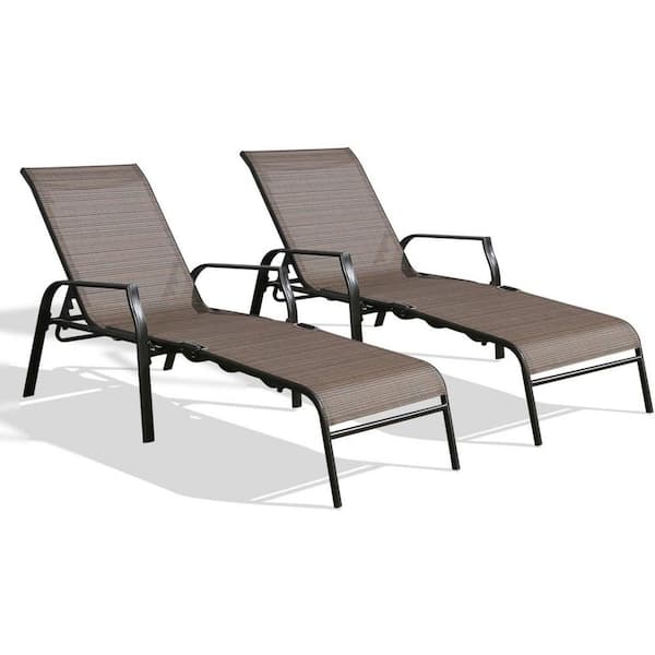 URTR Brown 2-Piece Metal Outdoor Chaise Lounge, Folding Recliner Chair with 5 Adjustable Positions for Beach Yard Pool Patio